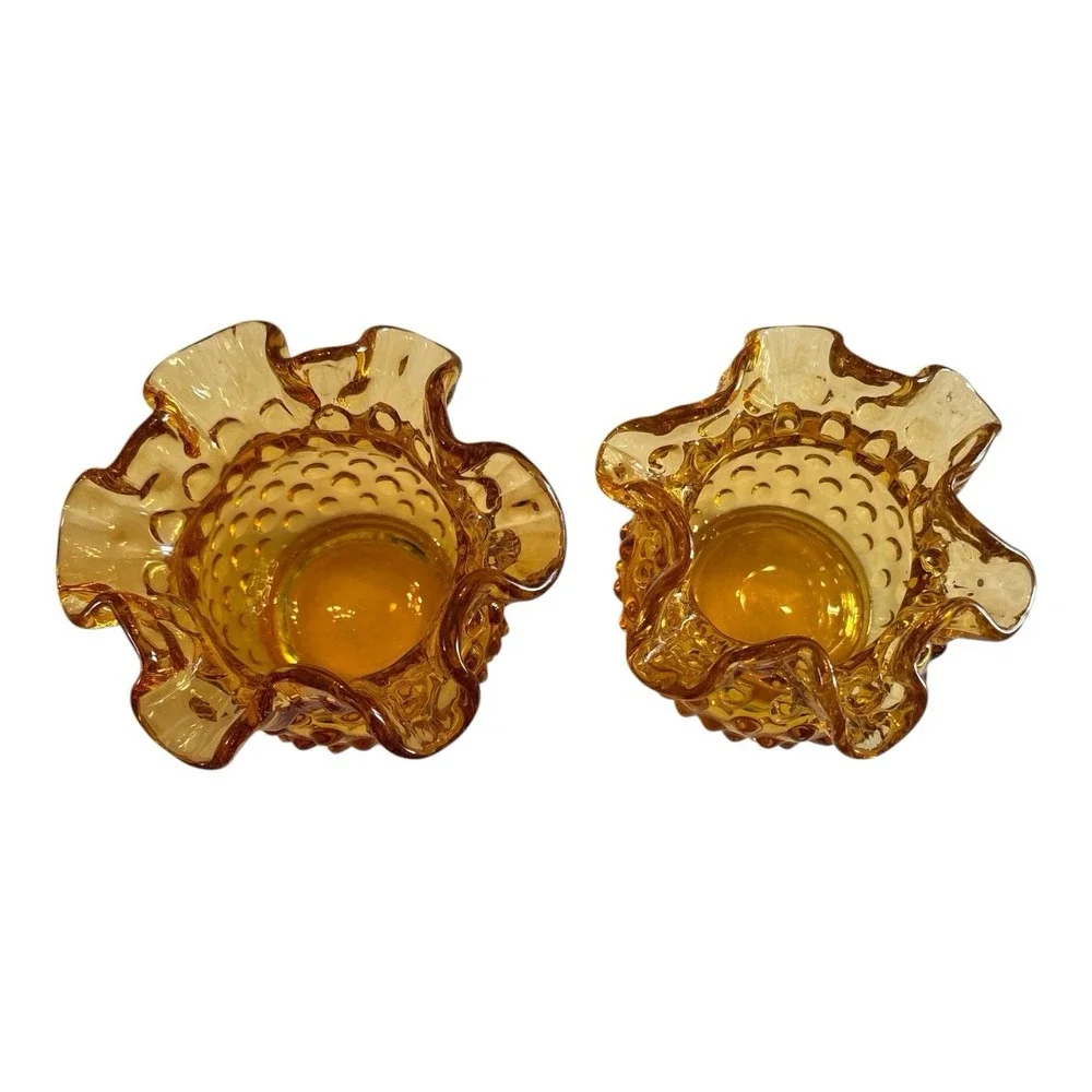 Vintage FENTON Amber Glass Hobnail Vase Bowl Double Crimped Ruffle Rim Lot of 2